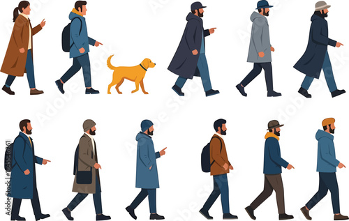Collection of diverse people and a dog walking in profile