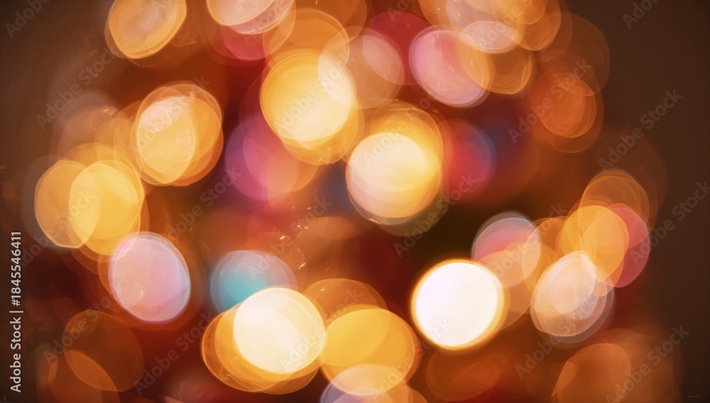 Obraz premium Glowing defocused circular light orbs forming warm close-up bokeh pattern, with lens flare halos