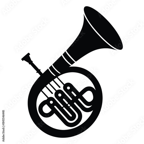 Elegant french horn silhouette, a sophisticated brass instrument integral to orchestral music, renowned for its rich, warm tone and complex coiled design