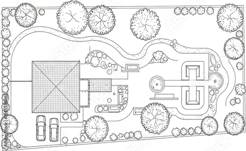 Professional Monochromatic Landscape Design Plan of a Residential Property with House, Garage, Winding Pathways, and Lush Gardens