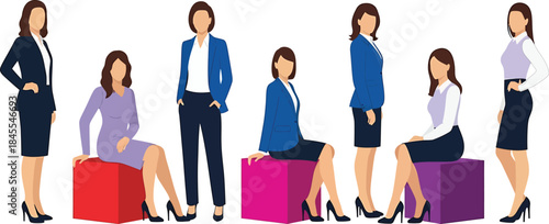 Collection of businesswomen in professional attire, depicted in various poses