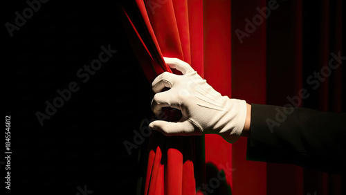 Hand in white glove opening red curtain on dark background