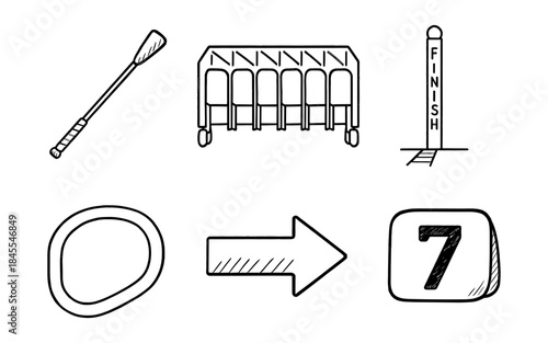 Hand-drawn icons representing horse racing elements like a whip, starting gate, and finish line