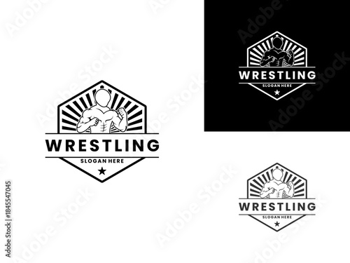 Vintage sport wrestling athlete logo design vector template