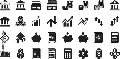 Financial Icons Set Banking, Investment, Savings, and Business Concepts