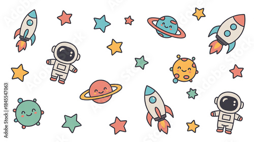 Cute space elements including astronauts rockets planets and stars in a playful cartoon style for childrens designs