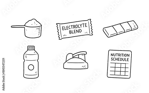 Hand-drawn icons representing sports nutrition and hydration products and planning
