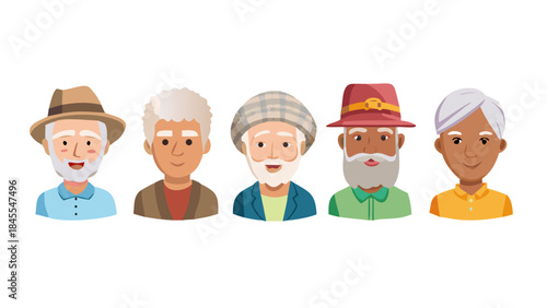 Diverse Senior People Headshots with Different Hats .vector icon