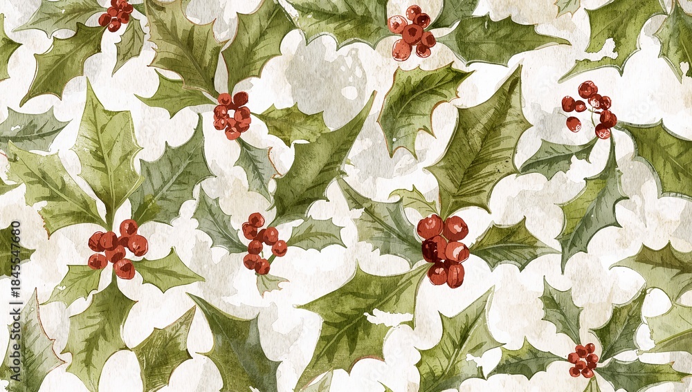 Obraz premium Displaying serrated holly leaves, red berry clusters on textured paper showing brushstrokes
