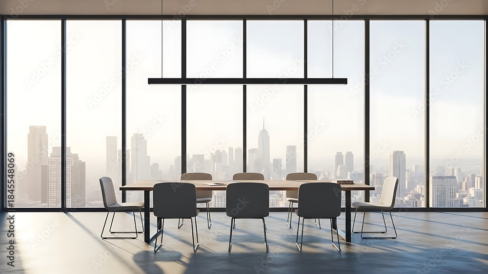 Fototapeta premium Modern conference room with wooden table and chairs overlooking city skyline through floor to ceiling windows in luxury office space for business meeting or corporate workspace