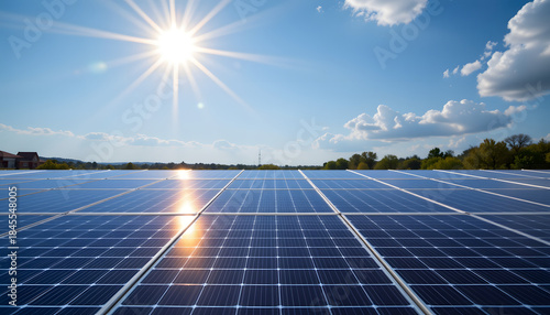 Solar panel installation under bright sunlight renewable energy farm photography outdoor wide-angle view sustainability concept