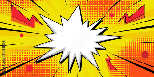 Yellow pop art comic explosion background with blank white speech bubble, lightning bolts, and halftone dots in dynamic comic book style. Perfect for banners, posters, ads, speech text, promotions.