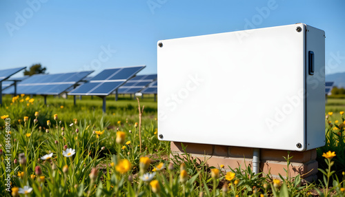 Solar energy storage system in green field solar farm technology sunny day close-up view