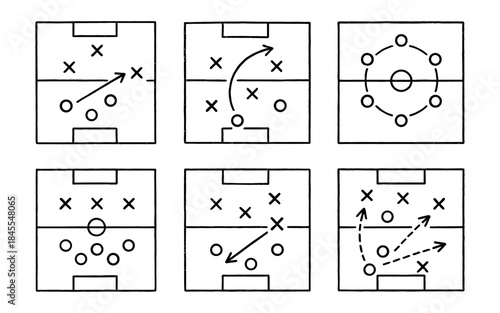 Collection of soccer play diagrams showing different formations and strategies on a field