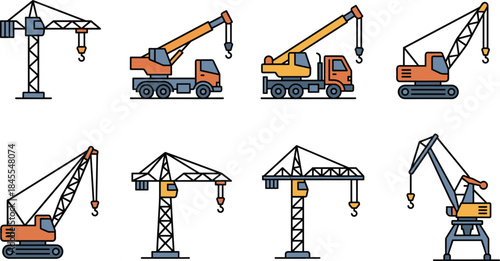 Construction crane icons set, mobile truck tower crawler cranes, flat vector illustration for building, engineering, industrial equipment design