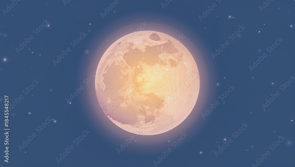 Obraz premium Dominating nearly full moon revealing warm surface texture in open night sky, haloed by faint stars