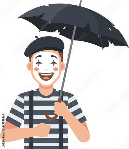 Mime artist character holding umbrella, smiling street performer illustration, flat vector cartoon style for entertainment, festival, theater design