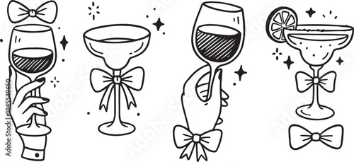 Hand Drawn Wine and Cocktail Glasses with Decorative Bows