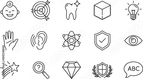 Essential Line Icons Set Representing Abstract Concepts, Success, Education, Security, Senses, and Development Including Target, Atom, Diamond, Baby, and Lightbulb for Modern Web Design.