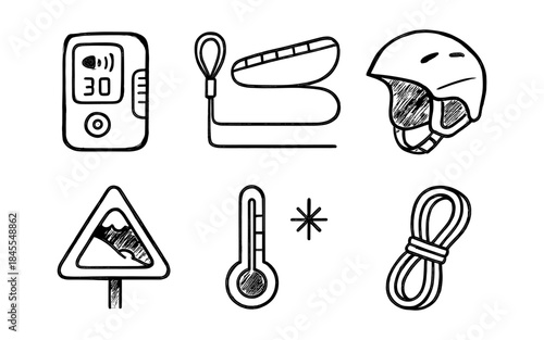Hand-drawn icons for winter sports and avalanche safety equipment