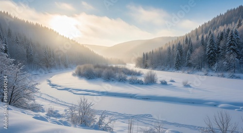 Wallpaper Mural Sunlit Winter Snow Landscape with Frozen River. 4K Nature Wallpaper. Torontodigital.ca