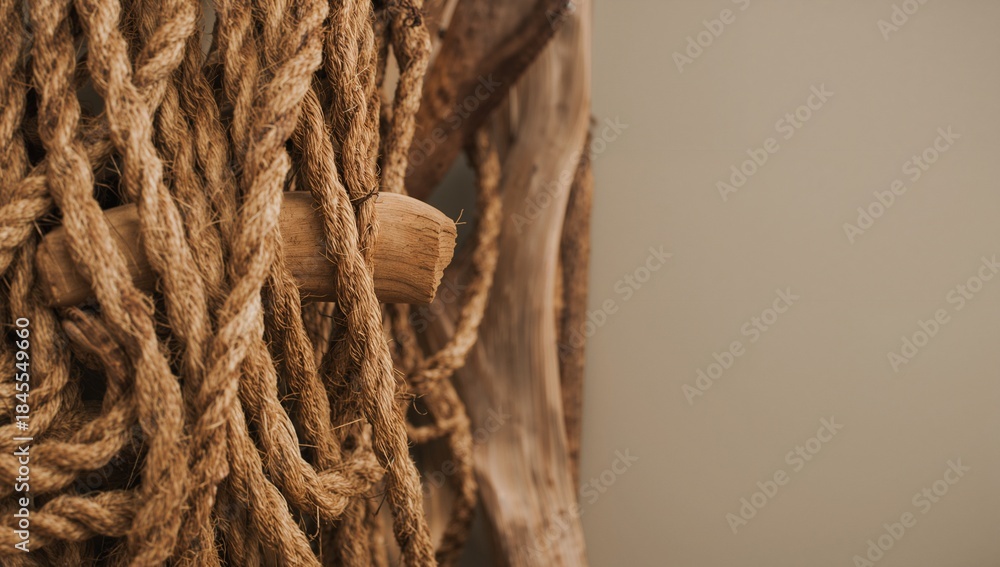 Obraz premium Hanging jute rope catching light on peg in worn timber indoors, neutral painted wall, copy space