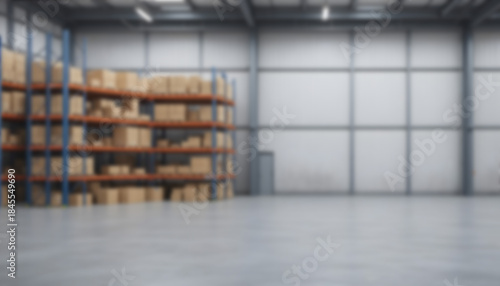 Modern Empty Warehouse Interior with Shelves and Storage Boxes