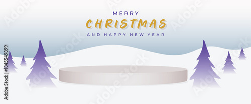 Festive Christmas banner featuring a snowy landscape, central podium, and purple trees under a soft gradient sky. Ideal for holiday greetings, winter promotions, and seasonal campaigns