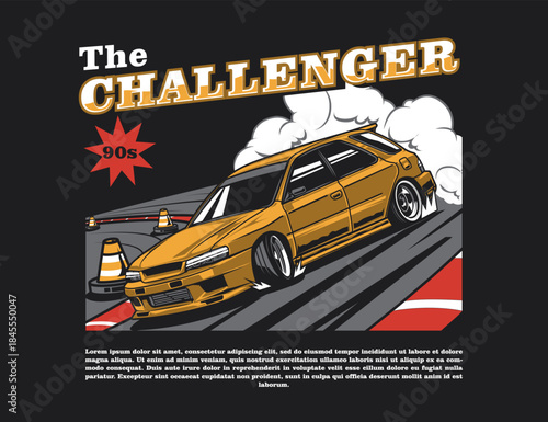 t-shirt vector design with 90s automotive image and cool background graphic