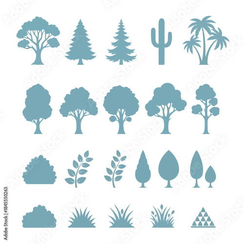 Collection of various trees and plants in blue silhouette style on