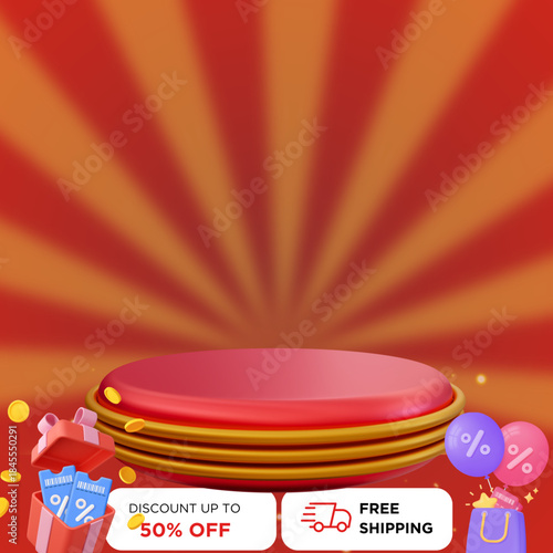 Product display stands, gift boxes, discount cards. Flash sale events, big sale offers, poster labels.