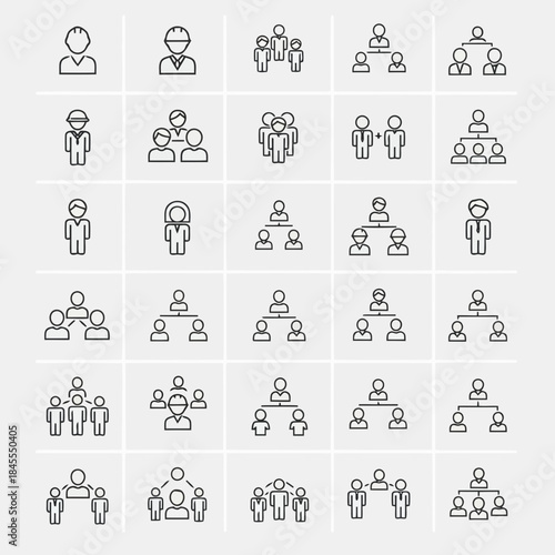 Set of diverse people icons in various group configurations and activities on