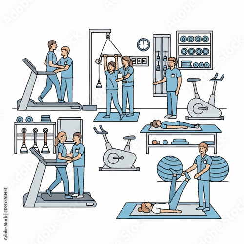Physical Therapy and Rehabilitation Clinic with Patients and Therapists.