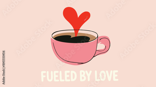 Minimalist illustration of pink coffee cup with red heart on light background motivated by love