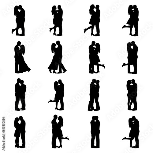 Silhouettes of couples embracing in various romantic poses on