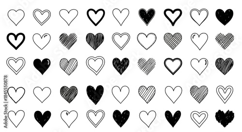 Collection of various heart shapes in black and white with different patterns and styles