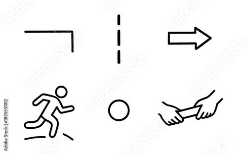 Simple line art icons depicting running, relay race, and directional arrows