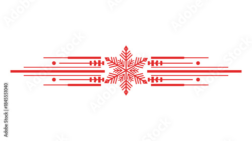 Red geometric snowflake text divider with horizontal lines, winter holiday ornament for greeting cards, isolated vector illustration
