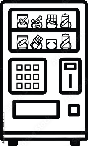 Black and White Outline of a Vending Machine Displaying Snacks and Beverages for Purchase