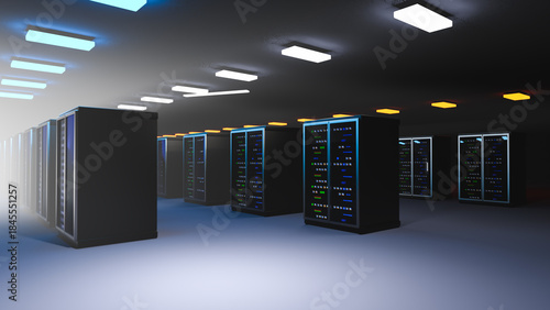 Server. Room servers data center. Backup, mining, hosting, mainframe, farm and computer rack with storage information. Server room data center. 3d render