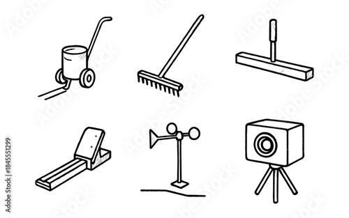 Collection of hand-drawn icons representing various tools and equipment for outdoor activities
