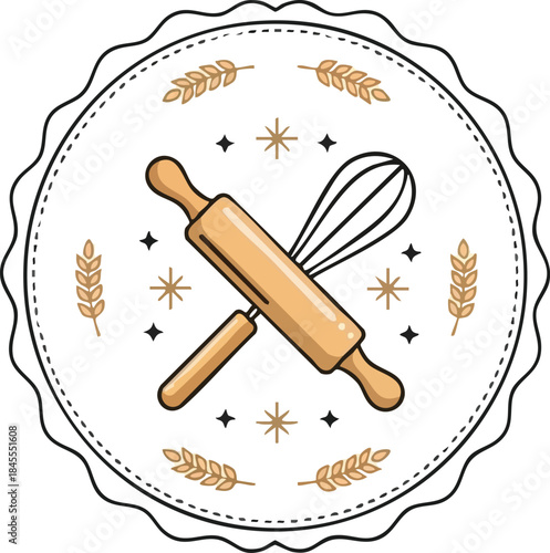 Vintage Bakery Emblem Featuring a Rolling Pin and Whisk with Wheat Accents