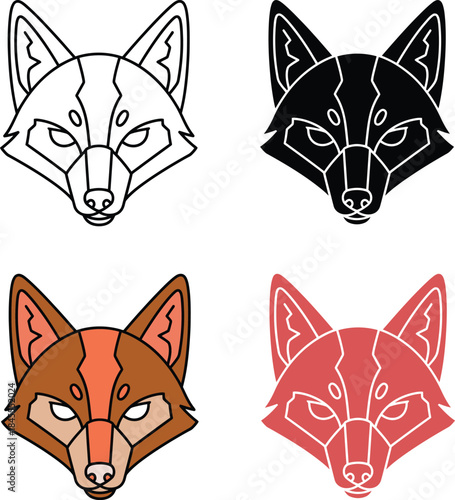 Four stylized fox faces in different colors white black brown and red animal head