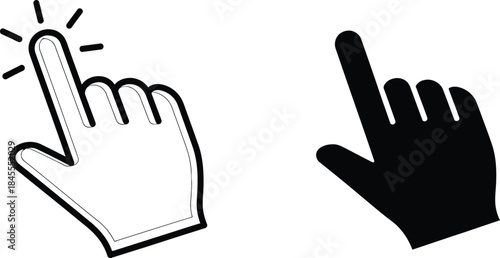 Isolated Black and White Finger Pointer Icons Depicting Selection or Click on White Background