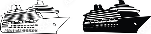 Isolated Cruise Ship Silhouette Outline and Filled Black Ship Illustrations for Nautical Designs