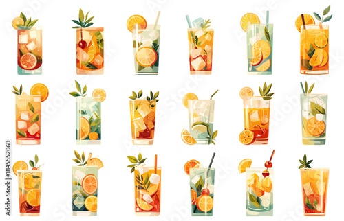 Set of bright cartoon cocktails with fruits and herbs, vector illustration