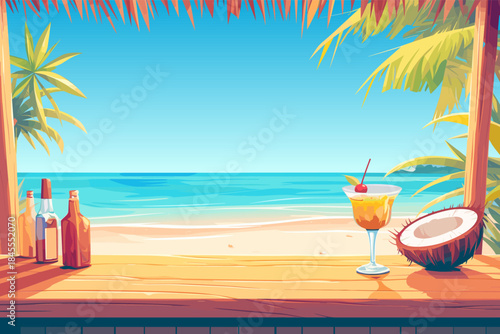 Beach bar counter with a tropical sea view, vector illustration