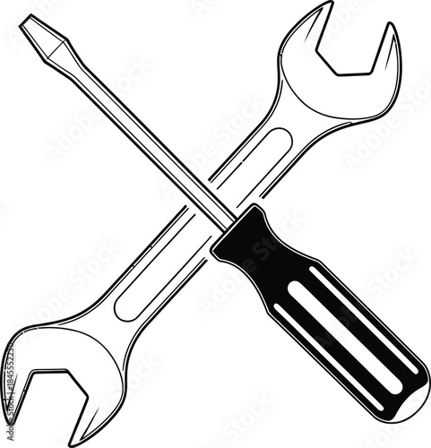Line art illustration of a flathead screwdriver crossed over an openend wrench