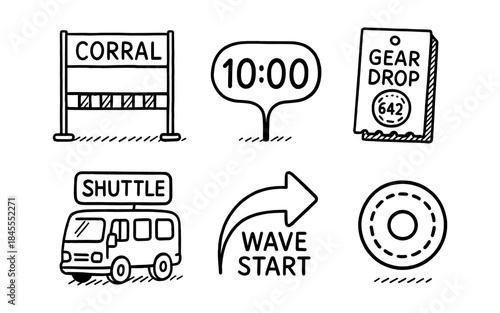 Hand-drawn icons for event organization: corral, time, gear drop, shuttle, wave start, and medal