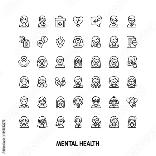 Set of mental health icons representing various emotions, therapy, and support concepts isolated on